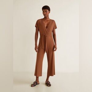 Mango MNG Women's Ribbed V Neck Burnt Orange Wide Leg Jumpsuit Size Small